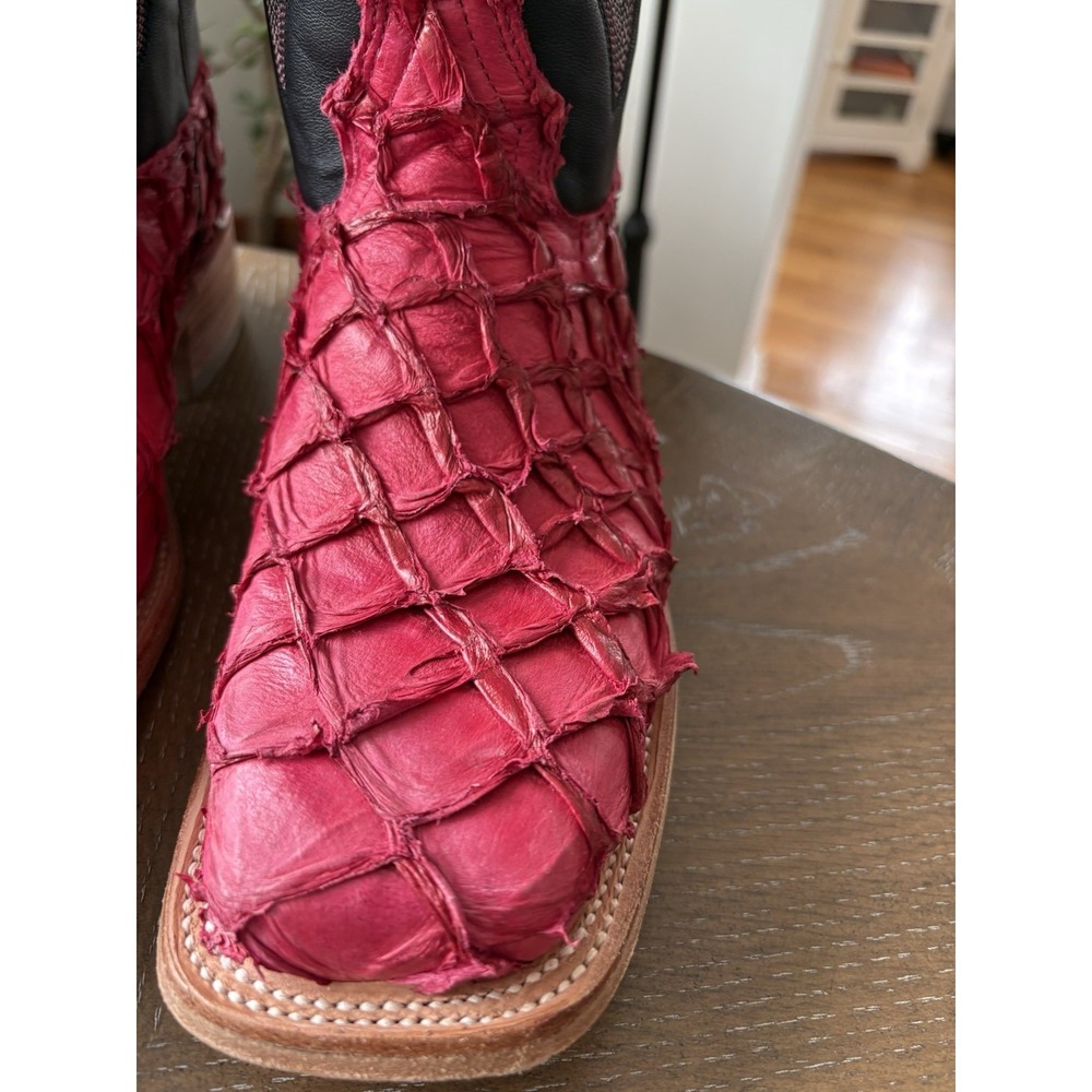 Corral Women Pink Pirarucu Fish Skin Black Leather Western Boot A4386 Square Toe - Picture 10 of 13
